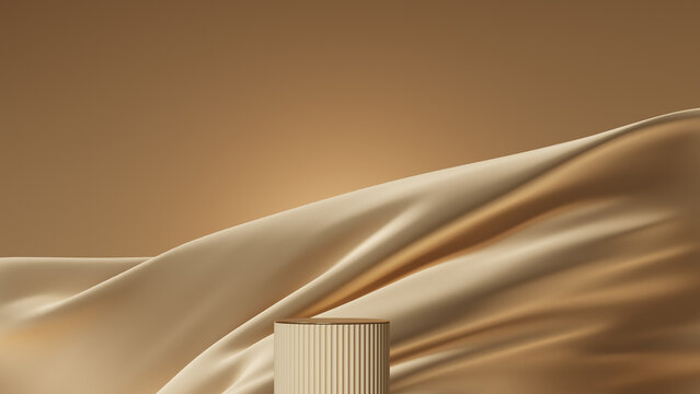 3D display podium, gold beige background with pedestal and flying color silk cloth curtain.Nature wind. Beauty, cosmetic product presentation stand. Luxury feminine template 3d render advertisement	
