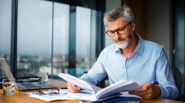 A commercial business owner reviewing financial documents in their office.