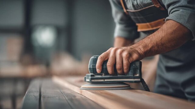 Craftsmanship in Action: A Skilled Woodworker Using a Sander on Timber Boards
