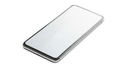 A single smartphone with a blank white screen laying flat against a black background at an angle on transparent background