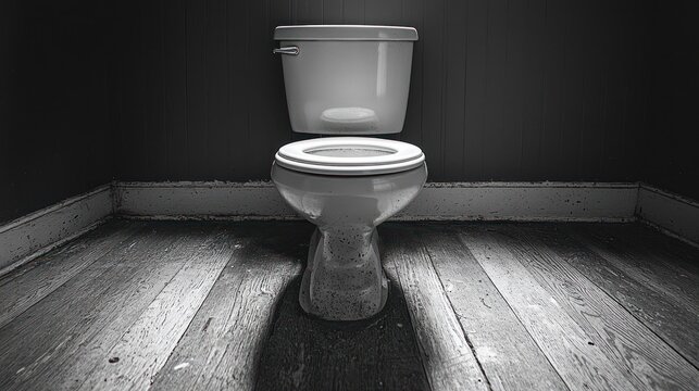 Simple, white toilet in a dark room with aged wood floor