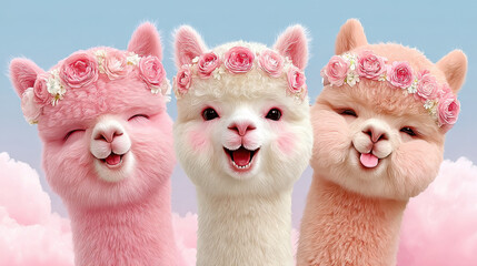 Obraz premium Drei niedliche Alpakas mit Rosen-Blumenkranz in Pastellfarben vor zarter Wolkenkulisse 