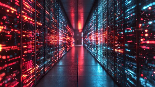 Server room hallway with glowing red and blue lights, leading to depth