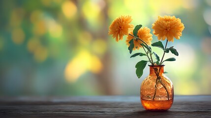 Vibrant orange marigold flowers in amber glass vase on wooden table with soft bokeh background, creating warm nostalgic atmosphere for home decor.
