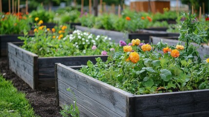 A community urban garden featuring a variety of flowers like daisies, hydrangeas, and roses, growing in shared garden beds.