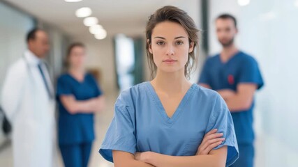 medical caregiver displaying responsibility and attentive decision making, caucasian medical practitioner with arms crossed in corridor indicating deep concentration and accountability