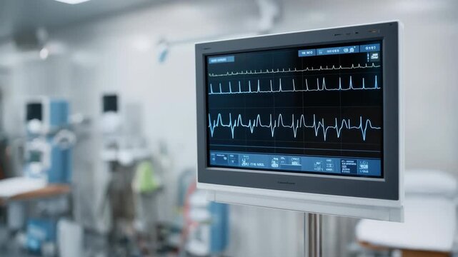 intensive care unit heart rate monitor showing waveform, highresolution closeup of cardiac monitor illustrating live electrical activity and patient metrics in critical care setting