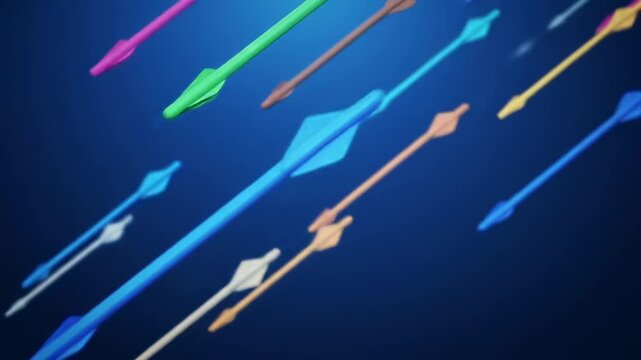 A vibrant abstract composition features multiple colorful arrows floating diagonally across a deep blue gradient background. They appear 3D and simple