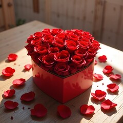 Romantic Heart Candle Surrounded by Rose Petals on Flat Surface 
