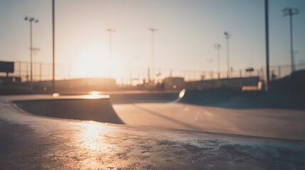 Skatepark ramps at sunset, golden hour light reflecting on concrete surface