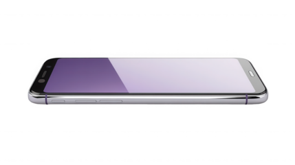 Side view of a silver smartphone with a blank purple screen on a black background in a studio shot on transparent background