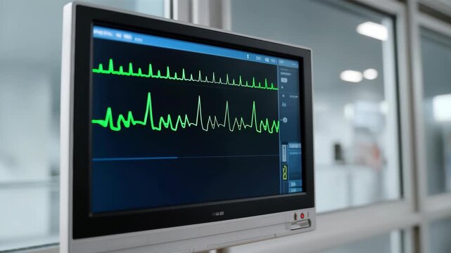 ecg monitor showing heart rhythm, green waveform on screen, glass partition and blurred staff beyond, hospital icu setting, audible beeps implied, clinical tension and constant vigilance