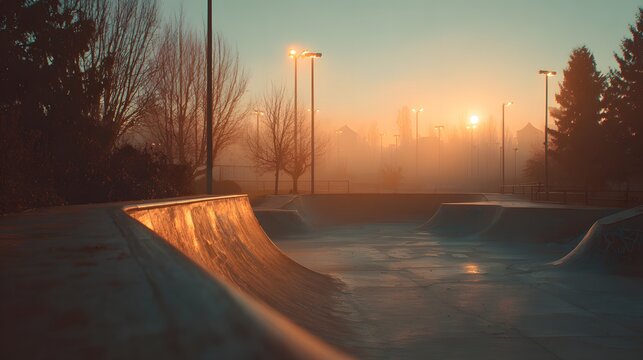 Skatepark in morning fog with warm sunrise light illuminating ramps - Powered by Adobe