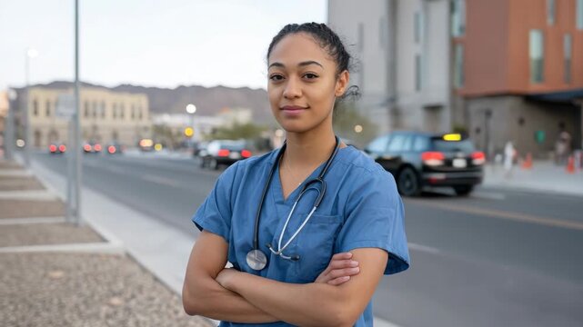nurse outdoors confidently, health worker standing outside during evening hours, healthcare provider in uniform appears ready for duty outside city hospital in evening setting