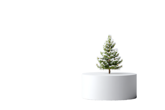 Snowcovered christmas tree on white pedestal, isolated on transparent background