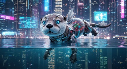 Cybernetic aquatic mammal swims in futuristic metropolitan waterway at night