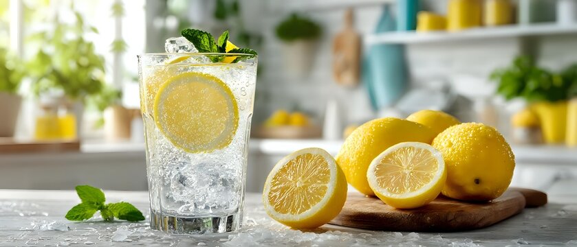 Refreshing lemon water with ice in glass, sliced lemons on wooden board, bright kitchen background with herbs and colorful accents. - Powered by Adobe