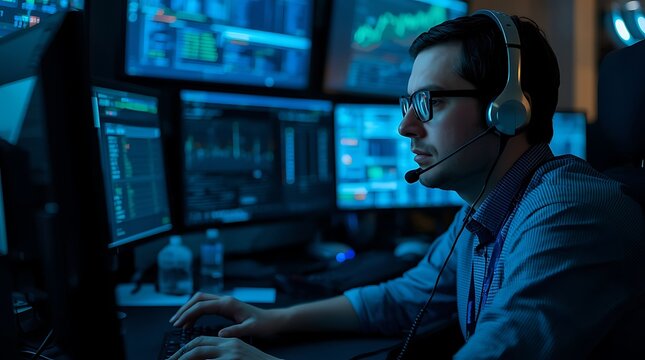 A focused man wearing a headset monitors financial data on computer screens in a dark office. - Powered by Adobe