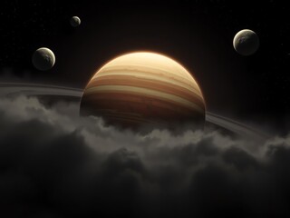 Ringed Gas Giant with Moons in Deep Space