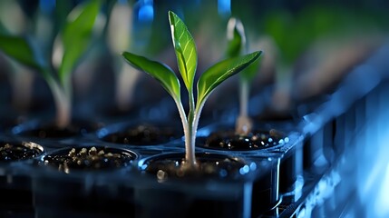 Young green seedling growing in seedling tray with rich soil, illuminated by blue light in greenhouse environment.
