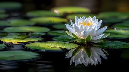 Serene white water lily blooming among green lily pads on dark water surface with perfect reflection, creating peaceful pond atmosphere.
