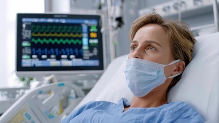 patient recovering peacefully, tranquil woman in recovery room with monitoring equipment, relaxed female patient resting in hospital bed with iv and monitoring devices visible - Powered by Adobe