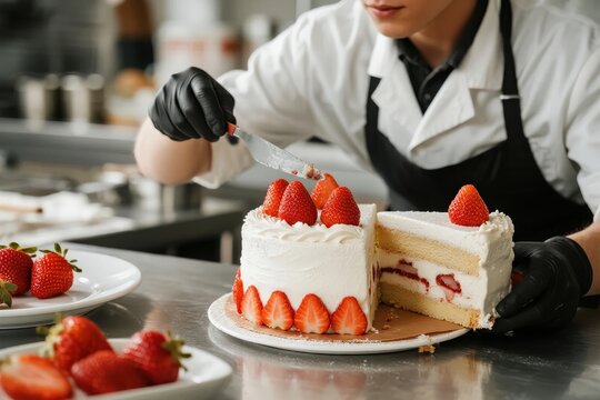 Pastry chef slicing a strawberry cake with white frosting in a professional kitchen