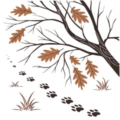 Autumn oak tree branches with falling brown leaves and animal paw prints on a white background