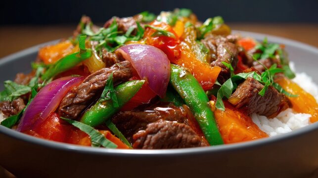 Close-up of a bowl of food. the bowl is made of ceramic and is sitting on a wooden table. the food appears to be a stir-fry dish with chunks of beef, red onions, green beans, and orange bell peppers.