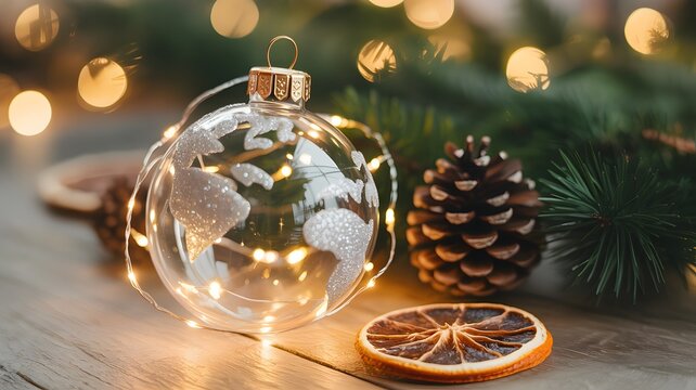 Festive christmas ornament with warm fairy lights and pine cone on wooden table with blurred bokeh background