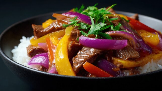 Close-up of a bowl of stir-fry dish. the dish appears to be made with beef, red and yellow bell peppers, sliced red onions, and sliced yellow and red bell peppers.