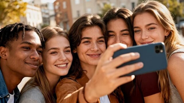 Group Taking Selfie Smartphone Happy Friends Moment