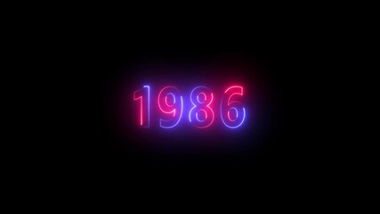 Neon year 1986 in red and blue on black background glowing light
