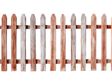 Rustic wooden picket fence with weathered pickets, isolated on transparent background