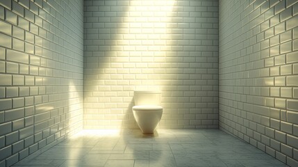 White toilet in bright, tiled, empty room with sunlight