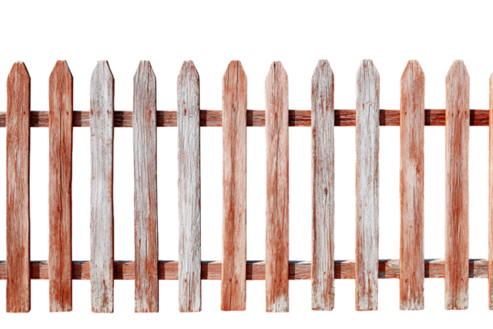 Rustic wooden picket fence with weathered pickets, isolated on transparent background