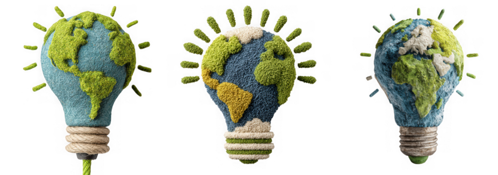 Three ecofriendly light bulbs with earth globes, symbolizing green energy and environmental ideas, isolated on transparent background - Powered by Adobe