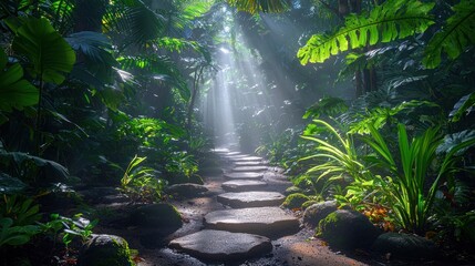 Stone path through a lush, sunlit jungle with dense foliage and bright sunbeams
