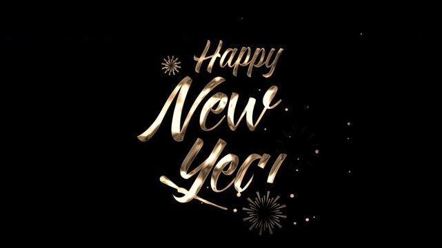 Happy new year greeting in shiny gold script suitable for holiday cards, invitations, social media posts, banners, and festive designs.