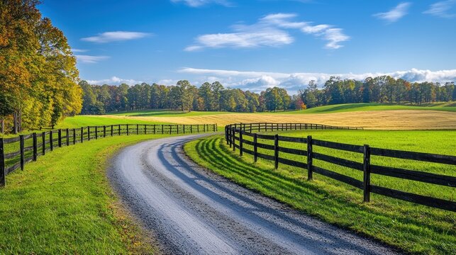 Winding gravel road through green fields with autumn trees under a blue, partly cloudy sky