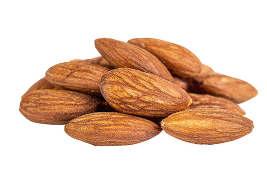 Pile of whole roasted almonds, healthy snack food, isolated on transparent background