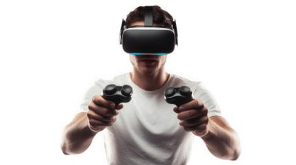 A man wearing a vr headset and holding controllers in a dark room for an immersive gaming experience on transparent background