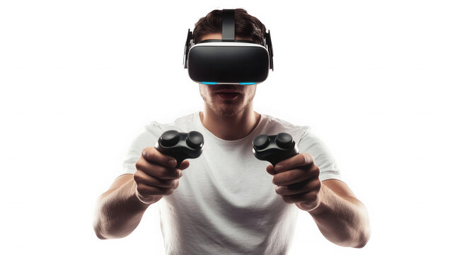 A man wearing a vr headset and holding controllers in a dark room for an immersive gaming experience on transparent background