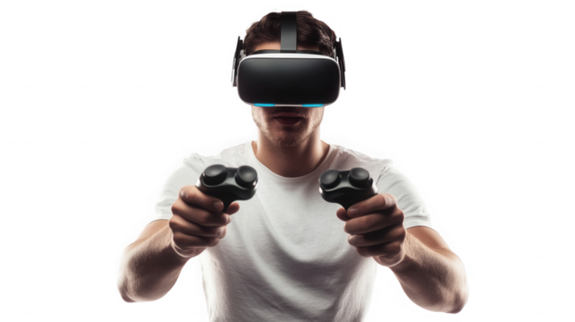 A man wearing a vr headset and holding controllers in a dark room for an immersive gaming experience on transparent background