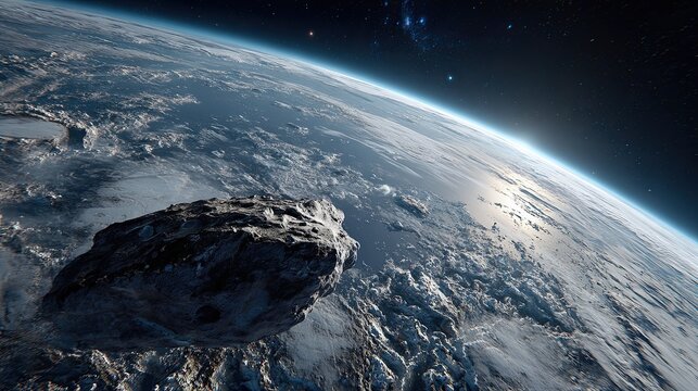 Blue Earth and asteroids in space. View of planet Earth from space.