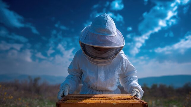 Beekeeper wearing a white protective suit and a white hat with a veil covering their face. the beekeeper is holding a wooden beehive with honeycomb inside.