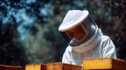 Beekeeper wearing a white protective suit and a white hat with a mesh covering his face. he is standing in front of a beehive with several honeycombs stacked on top of each other.