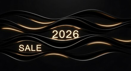 Announcing the 2026 sale with elegant black and gold design elements, perfect for luxury branding or promotional campaigns, a modern and stylish graphic