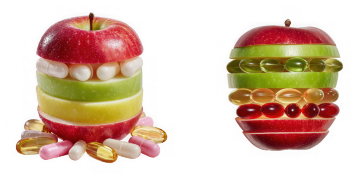 Sliced apples with various vitamin pills and capsules, symbolizing health and nutrition, isolated on transparent background - Powered by Adobe