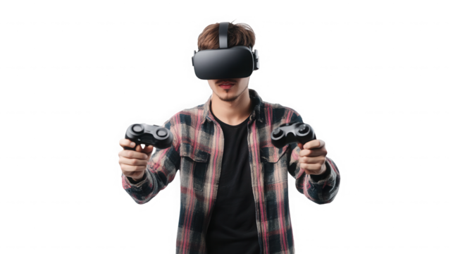 Man wearing vr headset and holding controllers against a black background in a plaid shirt on transparent background